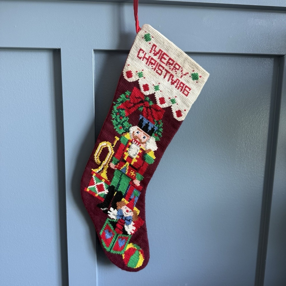 Vintage Needlepoint Christmas Stocking Nutcracker Jack in the Box 18" Red F/W